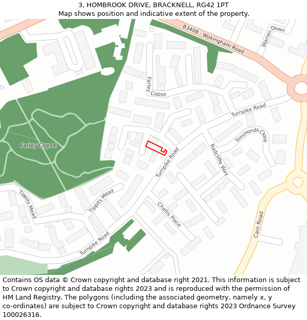 3, HOMBROOK DRIVE, BRACKNELL, RG42 1PT: Location map and indicative extent of plot