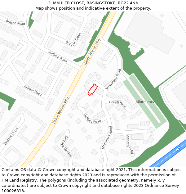 3, MAHLER CLOSE, BASINGSTOKE, RG22 4NA: Location map and indicative extent of plot