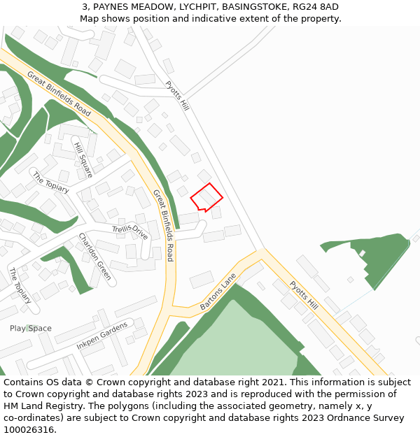 3, PAYNES MEADOW, LYCHPIT, BASINGSTOKE, RG24 8AD: Location map and indicative extent of plot