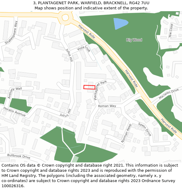 3, PLANTAGENET PARK, WARFIELD, BRACKNELL, RG42 7UU: Location map and indicative extent of plot