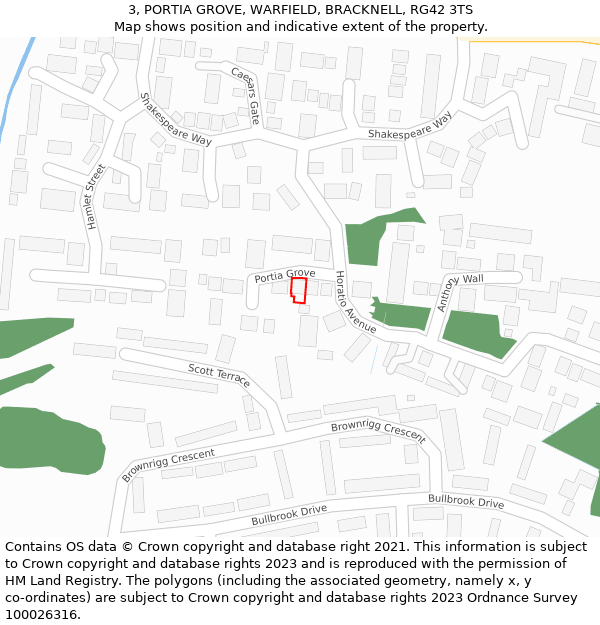 3, PORTIA GROVE, WARFIELD, BRACKNELL, RG42 3TS: Location map and indicative extent of plot