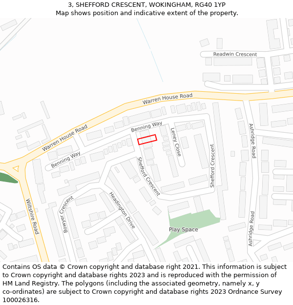 3, SHEFFORD CRESCENT, WOKINGHAM, RG40 1YP: Location map and indicative extent of plot