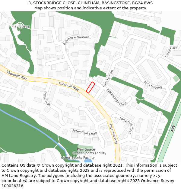 3, STOCKBRIDGE CLOSE, CHINEHAM, BASINGSTOKE, RG24 8WS: Location map and indicative extent of plot