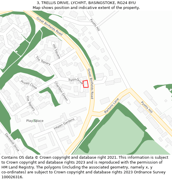 3, TRELLIS DRIVE, LYCHPIT, BASINGSTOKE, RG24 8YU: Location map and indicative extent of plot