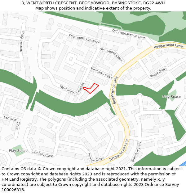 3, WENTWORTH CRESCENT, BEGGARWOOD, BASINGSTOKE, RG22 4WU: Location map and indicative extent of plot