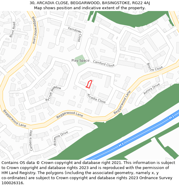 30, ARCADIA CLOSE, BEGGARWOOD, BASINGSTOKE, RG22 4AJ: Location map and indicative extent of plot