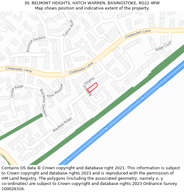 30, BELMONT HEIGHTS, HATCH WARREN, BASINGSTOKE, RG22 4RW: Location map and indicative extent of plot