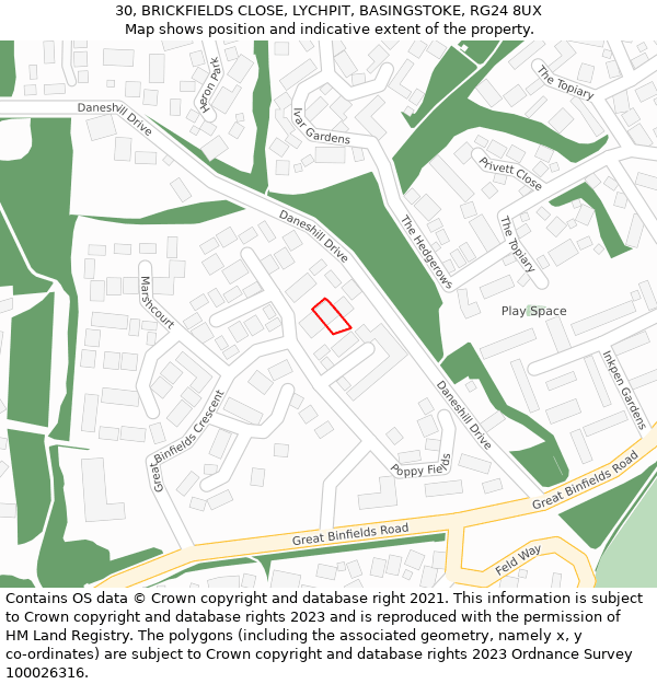 30, BRICKFIELDS CLOSE, LYCHPIT, BASINGSTOKE, RG24 8UX: Location map and indicative extent of plot