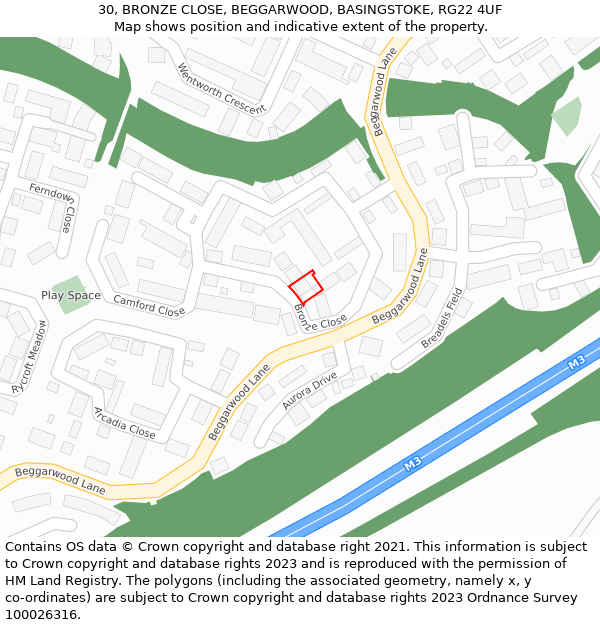 30, BRONZE CLOSE, BEGGARWOOD, BASINGSTOKE, RG22 4UF: Location map and indicative extent of plot
