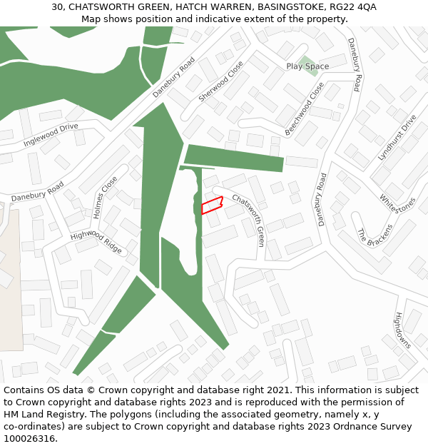 30, CHATSWORTH GREEN, HATCH WARREN, BASINGSTOKE, RG22 4QA: Location map and indicative extent of plot