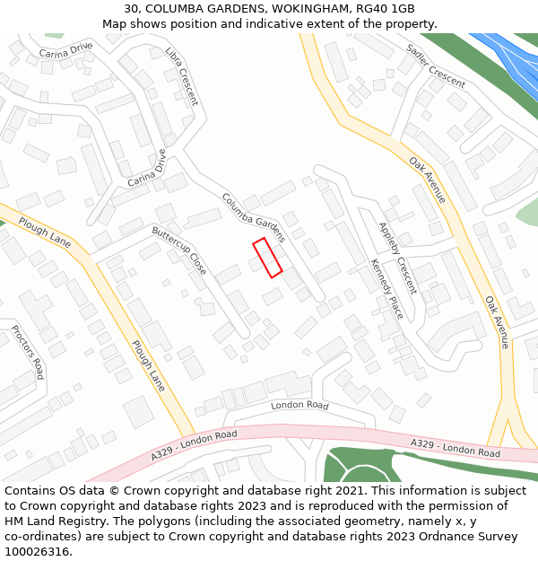 30, COLUMBA GARDENS, WOKINGHAM, RG40 1GB: Location map and indicative extent of plot