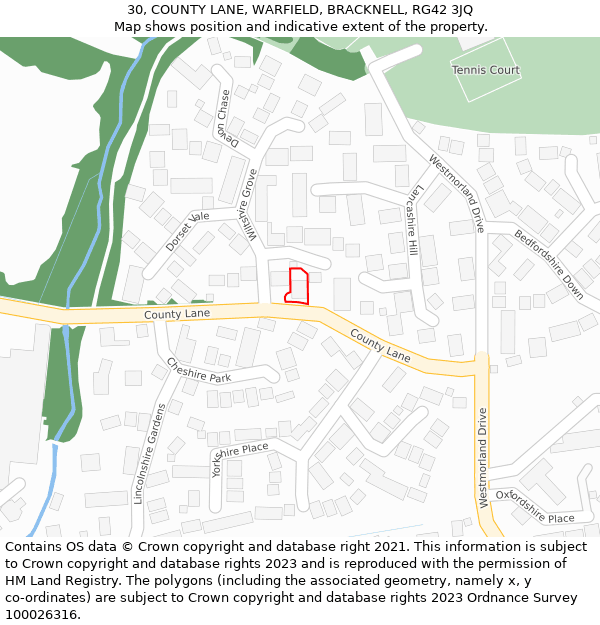 30, COUNTY LANE, WARFIELD, BRACKNELL, RG42 3JQ: Location map and indicative extent of plot