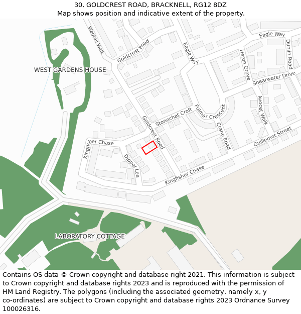 30, GOLDCREST ROAD, BRACKNELL, RG12 8DZ: Location map and indicative extent of plot