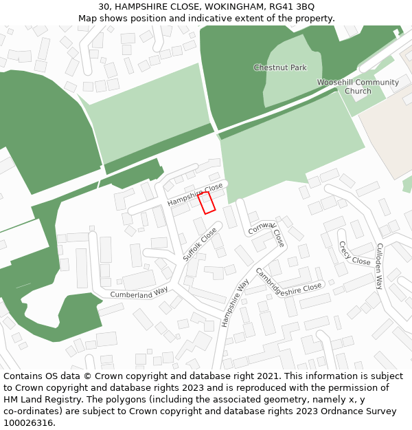 30, HAMPSHIRE CLOSE, WOKINGHAM, RG41 3BQ: Location map and indicative extent of plot