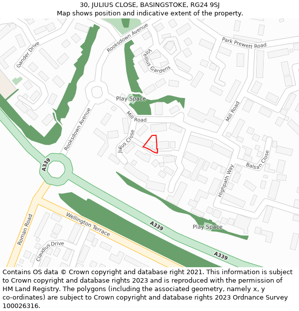 30, JULIUS CLOSE, BASINGSTOKE, RG24 9SJ: Location map and indicative extent of plot