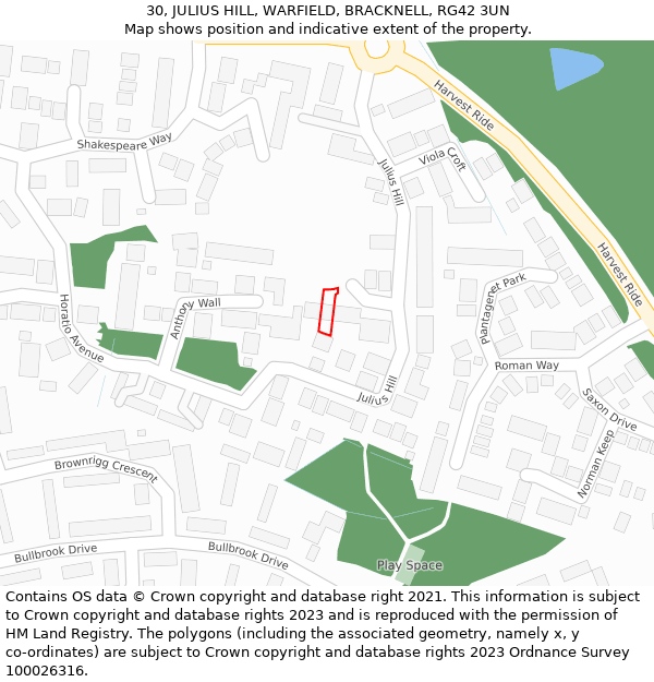 30, JULIUS HILL, WARFIELD, BRACKNELL, RG42 3UN: Location map and indicative extent of plot