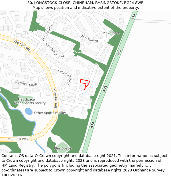 30, LONGSTOCK CLOSE, CHINEHAM, BASINGSTOKE, RG24 8WR: Location map and indicative extent of plot