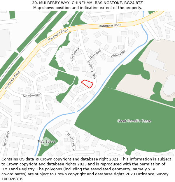 30, MULBERRY WAY, CHINEHAM, BASINGSTOKE, RG24 8TZ: Location map and indicative extent of plot