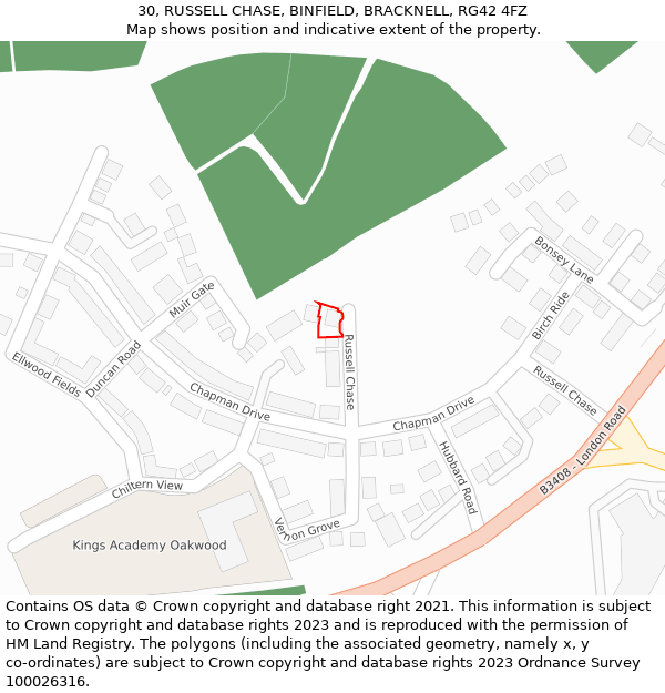 30, RUSSELL CHASE, BINFIELD, BRACKNELL, RG42 4FZ: Location map and indicative extent of plot