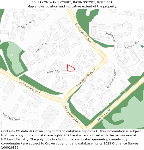 30, SAXON WAY, LYCHPIT, BASINGSTOKE, RG24 8SA: Location map and indicative extent of plot