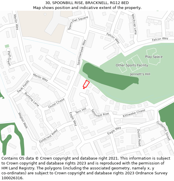 30, SPOONBILL RISE, BRACKNELL, RG12 8ED: Location map and indicative extent of plot