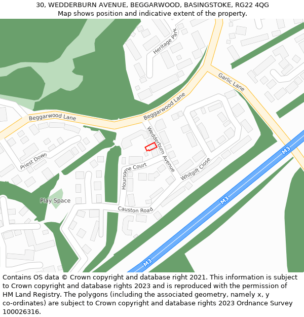 30, WEDDERBURN AVENUE, BEGGARWOOD, BASINGSTOKE, RG22 4QG: Location map and indicative extent of plot
