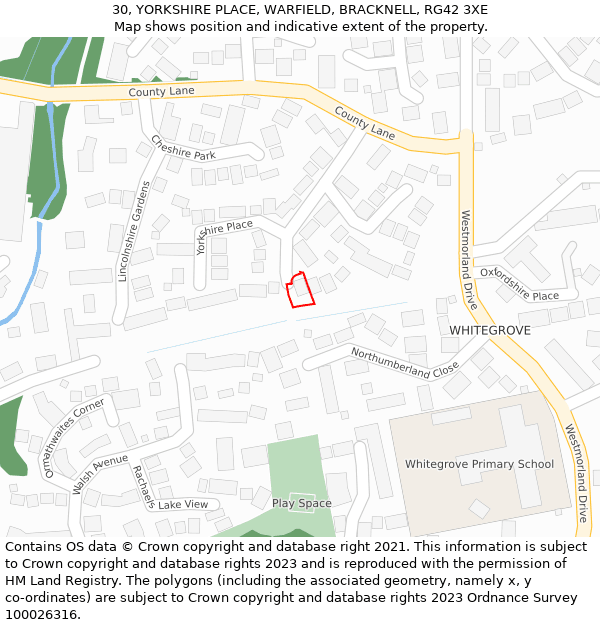 30, YORKSHIRE PLACE, WARFIELD, BRACKNELL, RG42 3XE: Location map and indicative extent of plot