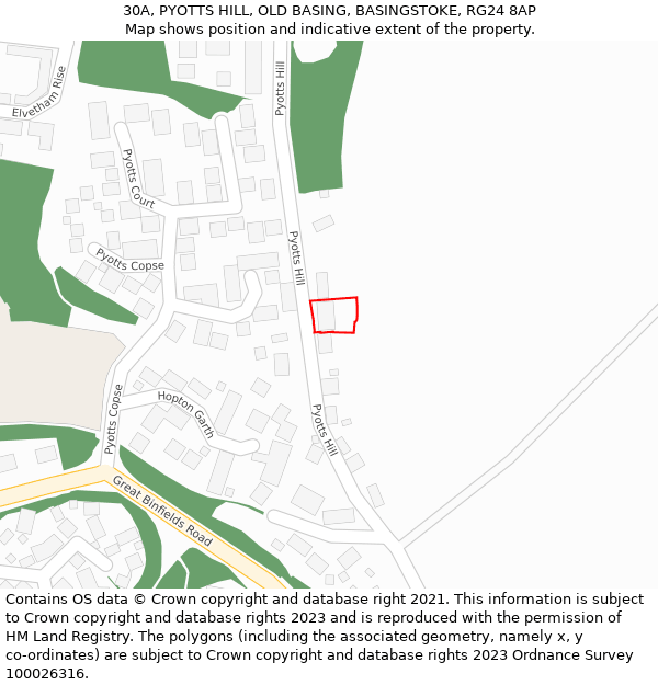 30A, PYOTTS HILL, OLD BASING, BASINGSTOKE, RG24 8AP: Location map and indicative extent of plot