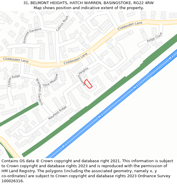 31, BELMONT HEIGHTS, HATCH WARREN, BASINGSTOKE, RG22 4RW: Location map and indicative extent of plot