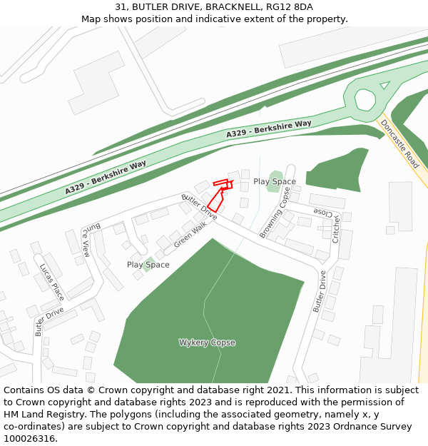 31, BUTLER DRIVE, BRACKNELL, RG12 8DA: Location map and indicative extent of plot