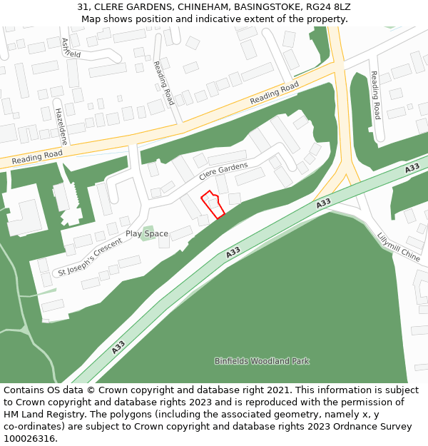 31, CLERE GARDENS, CHINEHAM, BASINGSTOKE, RG24 8LZ: Location map and indicative extent of plot