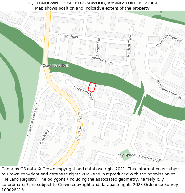 31, FERNDOWN CLOSE, BEGGARWOOD, BASINGSTOKE, RG22 4SE: Location map and indicative extent of plot