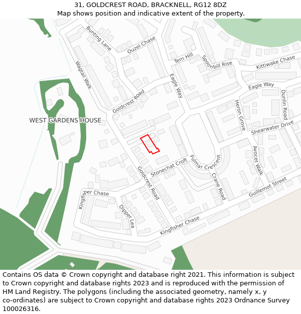 31, GOLDCREST ROAD, BRACKNELL, RG12 8DZ: Location map and indicative extent of plot