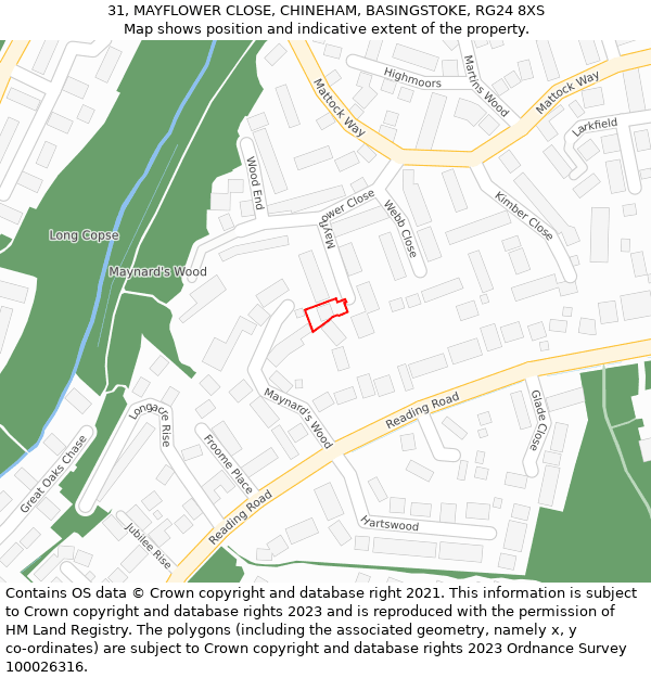 31, MAYFLOWER CLOSE, CHINEHAM, BASINGSTOKE, RG24 8XS: Location map and indicative extent of plot