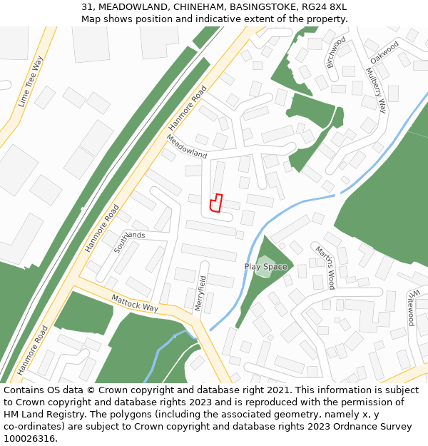 31, MEADOWLAND, CHINEHAM, BASINGSTOKE, RG24 8XL: Location map and indicative extent of plot