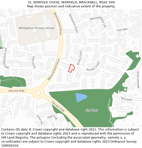 31, NORFOLK CHASE, WARFIELD, BRACKNELL, RG42 3XN: Location map and indicative extent of plot