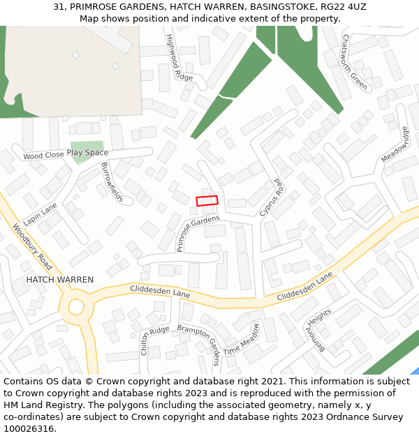 31, PRIMROSE GARDENS, HATCH WARREN, BASINGSTOKE, RG22 4UZ: Location map and indicative extent of plot