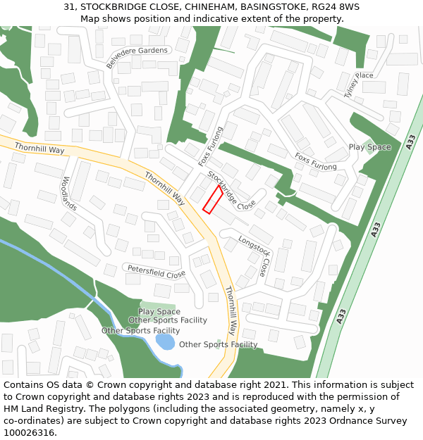 31, STOCKBRIDGE CLOSE, CHINEHAM, BASINGSTOKE, RG24 8WS: Location map and indicative extent of plot