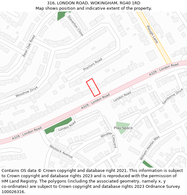 316, LONDON ROAD, WOKINGHAM, RG40 1RD: Location map and indicative extent of plot