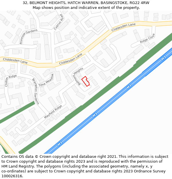 32, BELMONT HEIGHTS, HATCH WARREN, BASINGSTOKE, RG22 4RW: Location map and indicative extent of plot