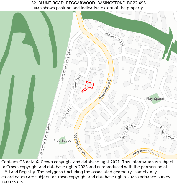 32, BLUNT ROAD, BEGGARWOOD, BASINGSTOKE, RG22 4SS: Location map and indicative extent of plot