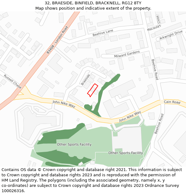 32, BRAESIDE, BINFIELD, BRACKNELL, RG12 8TY: Location map and indicative extent of plot