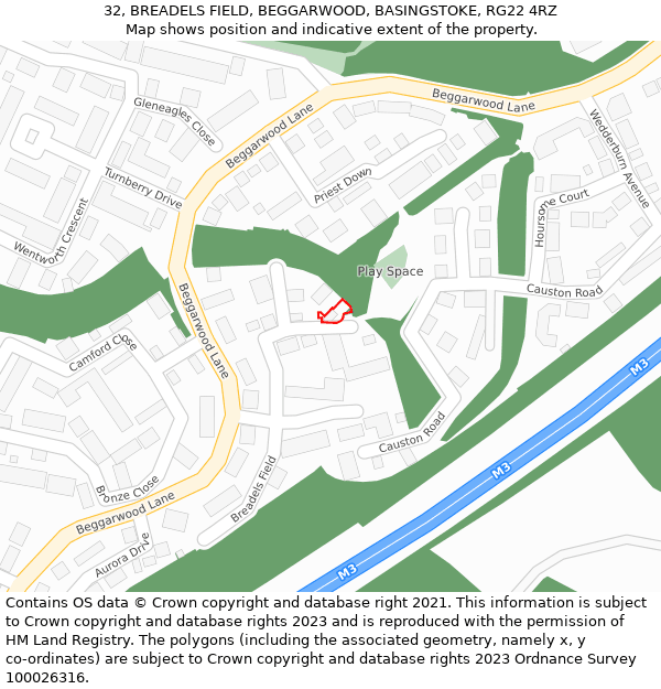 32, BREADELS FIELD, BEGGARWOOD, BASINGSTOKE, RG22 4RZ: Location map and indicative extent of plot