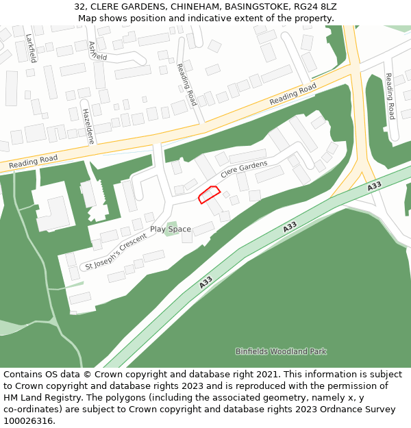 32, CLERE GARDENS, CHINEHAM, BASINGSTOKE, RG24 8LZ: Location map and indicative extent of plot