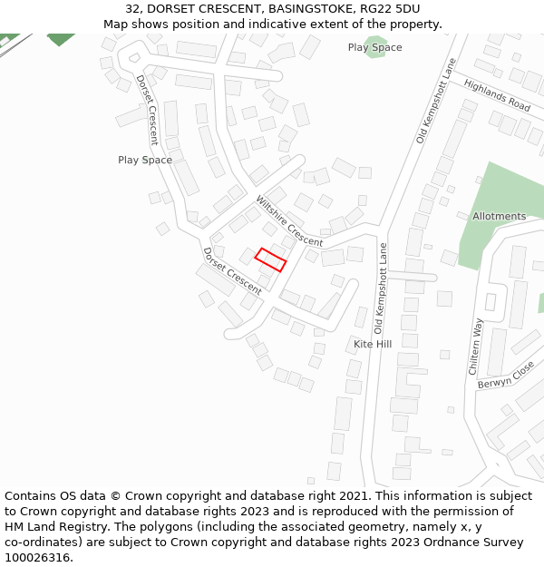 32, DORSET CRESCENT, BASINGSTOKE, RG22 5DU: Location map and indicative extent of plot