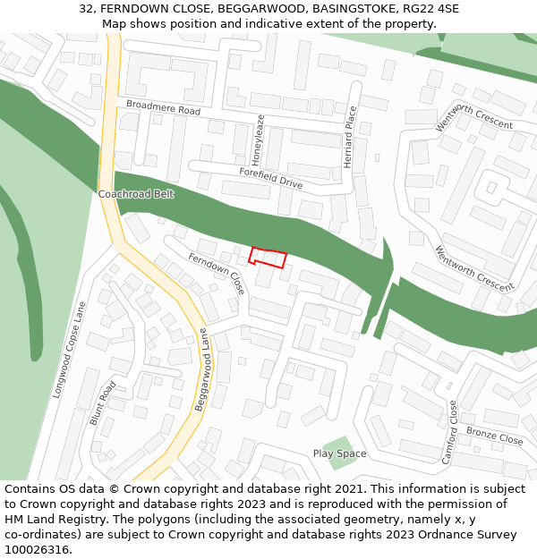 32, FERNDOWN CLOSE, BEGGARWOOD, BASINGSTOKE, RG22 4SE: Location map and indicative extent of plot