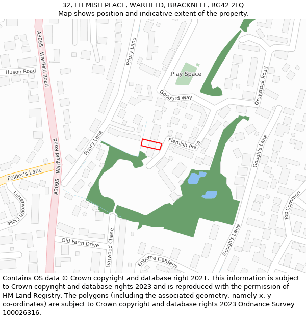 32, FLEMISH PLACE, WARFIELD, BRACKNELL, RG42 2FQ: Location map and indicative extent of plot