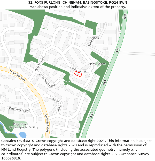 32, FOXS FURLONG, CHINEHAM, BASINGSTOKE, RG24 8WN: Location map and indicative extent of plot