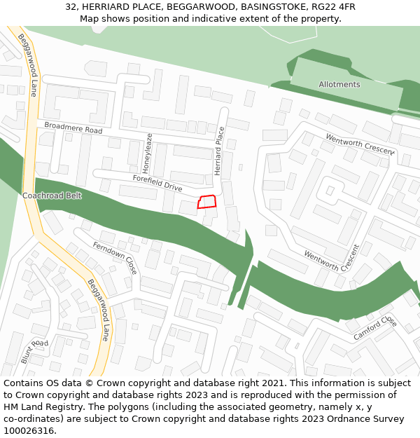 32, HERRIARD PLACE, BEGGARWOOD, BASINGSTOKE, RG22 4FR: Location map and indicative extent of plot