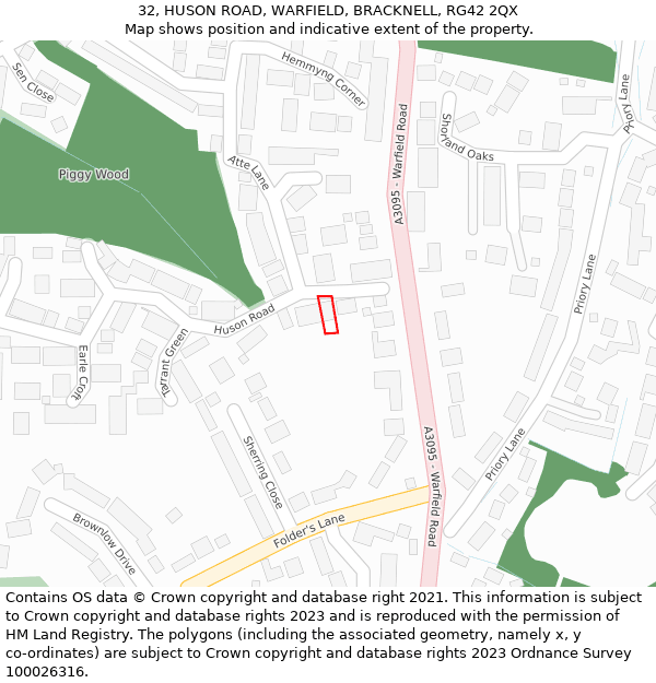 32, HUSON ROAD, WARFIELD, BRACKNELL, RG42 2QX: Location map and indicative extent of plot